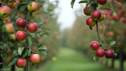 Obraz premium Heavy branches laden with ripe red apples frame a view down a long row of trees in a tranquil orchard.