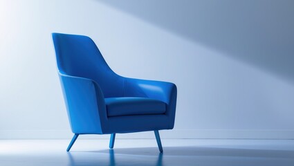 A modern blue armchair with a sleek design set against a minimalist light blue wall.
