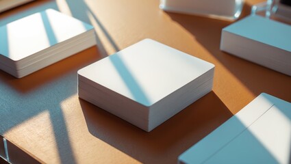 Stacks of blank white cards on a wooden table with shadows falling across.