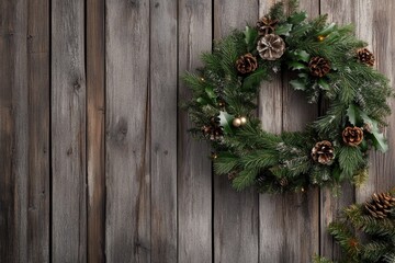 Festive christmas wreath with pinecones and berries on rustic wooden background