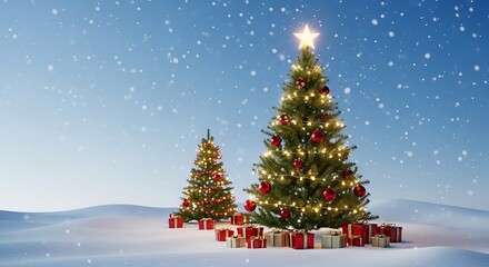 Obraz premium Festive Christmas Trees in a Snowy Landscape with Gifts and Glowing Star