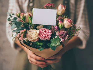 Person holds beautiful bouquet of mixed flowers, including roses and carnations, wrapped in brown paper with blank card. arrangement is vibrant and elegant, perfect for gifting