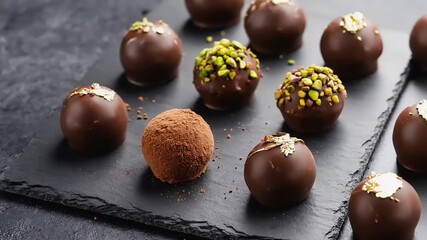 Assorted chocolate truffles sit on dark slate surface, some decorated