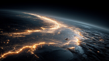 Energy Currents Stretching Across Oceans, Glowing Bridges of Light, Global Data Concept