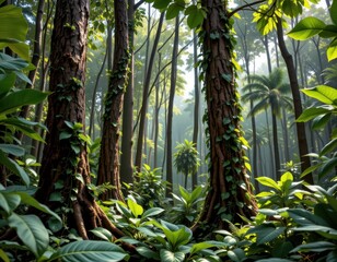 tropical forest with vines wrapping around trunks, supporting biodiversity and wildlife movement, cinematic photorealistic wide shot showcasing ecological importance vividly