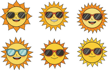 Cute cartoon sun characters with sunglasses, summer holiday concept, smiling sunshine faces, vector illustration, funny happy sun icons, tropical vibe