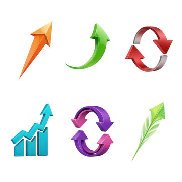 Collection of diverse arrows and growth chart icons representing progress and cycles transparent background