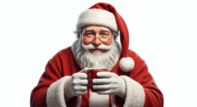 Jolly Santa Claus Enjoying a Warm Drink, a Cozy Christmas Scene