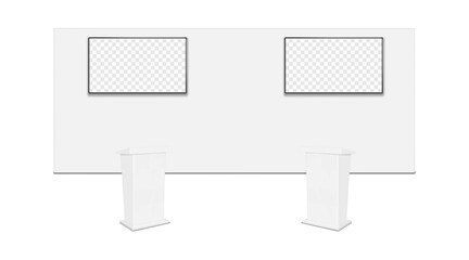 Trade show booth display kit mock-up. Expo tradeshow set template. White blank backdrop banner with LCD monitor TV video panels, two portable exhibition rostrum table stands. 3d vector mockup