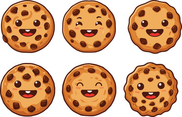 Cute chocolate chip cookie characters illustration, kawaii dessert cartoon food, sweet bakery snack vector, happy cookie face design art