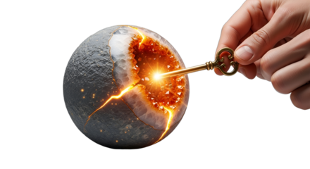 A hand inserts a vintage key into a glowing, cracked geode sphere, symbolizing unlocking potential, business innovation, creative breakthroughs, problem-solving,