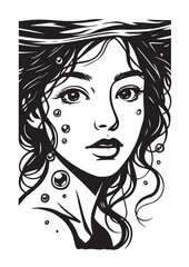 Fototapeta premium Black and white illustration of a woman's face with curly hair and bubbles Keywords: woman, face, portrait, female, girl, beauty, hair, curly hair, long hair, eyes, lips, expression, bubbles