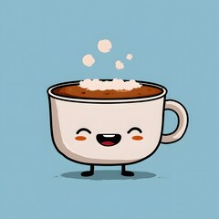 A cartoon coffee cup with a happy face and steam rising on a light blue solid color background art