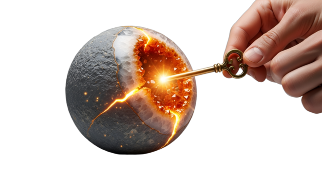 A hand inserts a vintage key into a glowing, cracked geode sphere, symbolizing unlocking potential, business innovation, creative breakthroughs, problem-solving,