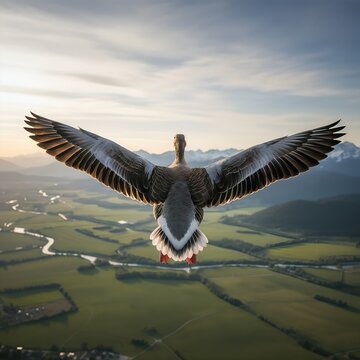 Majestic goose in flight over a lush landscape.
