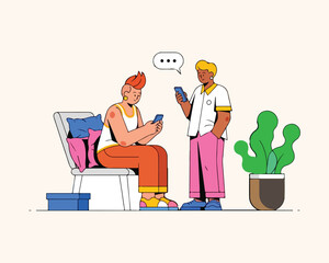 Two friends or colleagues using smartphones and talking