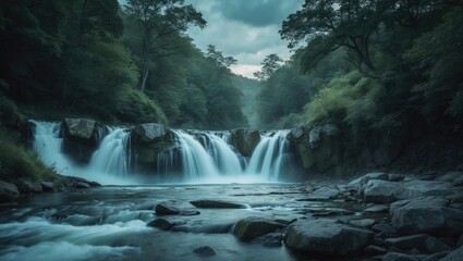 Fototapeta premium A flowing river with waterfalls in a lush green forest environment. Nature scenery with water and trees. A serene outdoor landscape featuring a cascading stream and dense woodland.