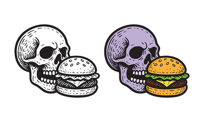 Illustration of skull biting burger, creepy funny style perfect for tattoo and streetwear.