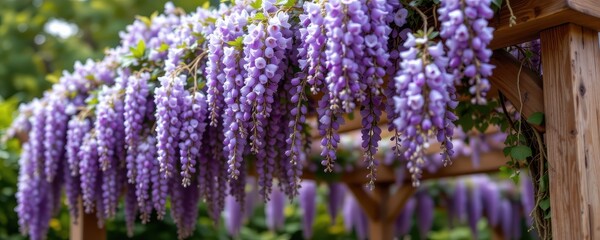 wisteria vines cascading over pergola, purple flowers creating picturesque shading, cinematic photorealistic wide shot showcasing ornamental climbing plants vividly