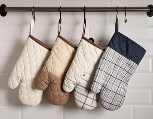 Four oven mitts hanging on a metal rod