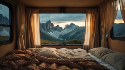 A cozy bedroom inside a camper van with a stunning mountain landscape view through the large window.