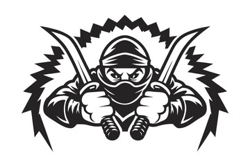 Pixelated Ninja Maskot with Crossed Serrated Swords on White Background