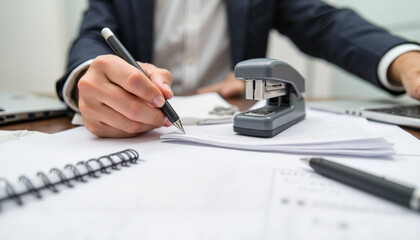 Businessman writing notes while organizing documents on desk