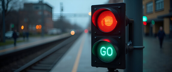 Railway signal displays red and green lights indicating stop and go for trains on tracks. concept as Railway signal displaying red and green lights indicating stop and go for trains on tracks ensuring