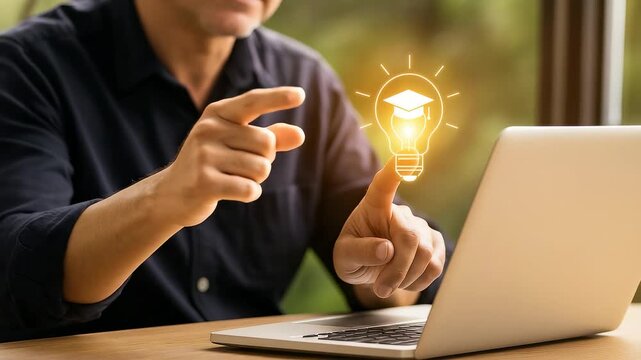 Person pointing at lightbulb icon with graduation cap, symbolizing creative thinking, innovation, and online learning.