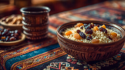 A bowl of rice with dried fruits sits on a patterned textile, next to small bowls of nuts and dried fruit, and stacked cups.
