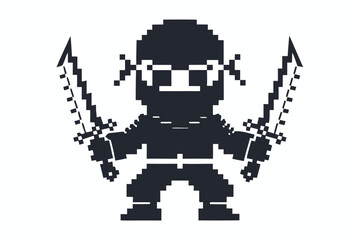 Pixelated Ninja Warrior Dueling with Swords, Retro Game Style on White Background
