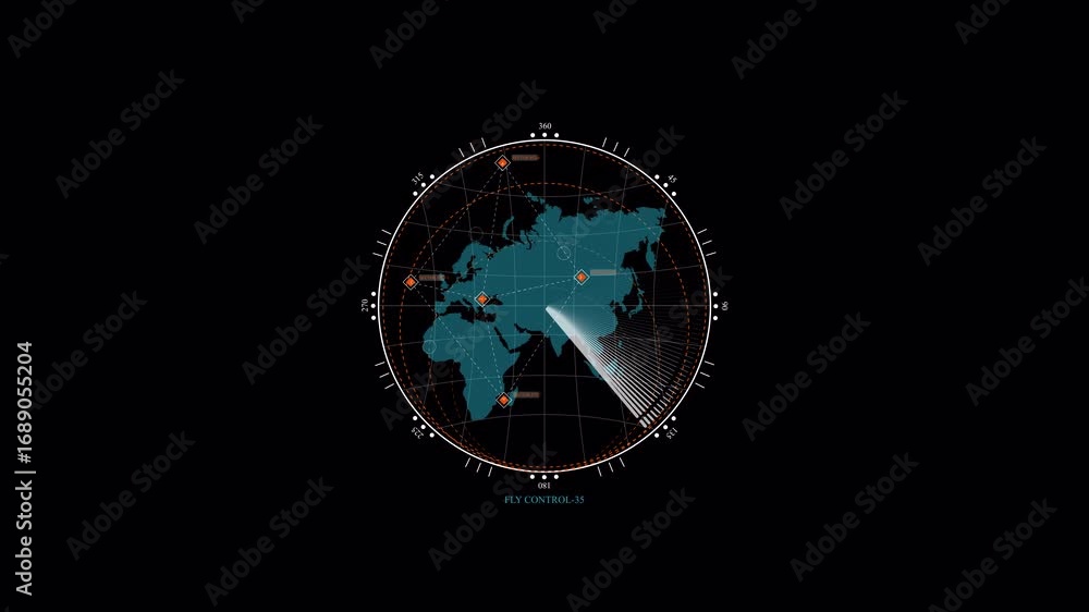Poster futuristic global surveillance hud with radar scan and target tracking on a world map