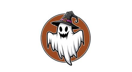 Obraz premium Cartoon ghost wearing a witch's hat, floating within a brown circular frame, smiling.