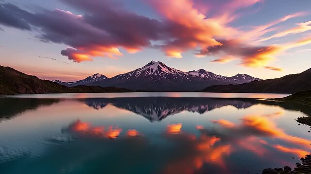 Tranquil lake reflects fiery sunset mountains