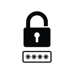 Black and white vector illustration of an open padlock above a password field with hidden characters, symbolizing cybersecurity, login access, data privacy, and online security