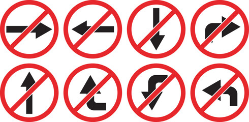 Essential road safety signs prohibiting various turns with clear and concise symbols for transportation design