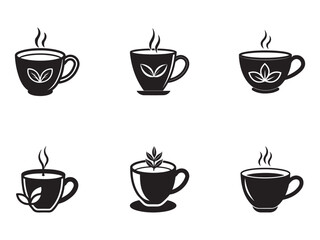 Obraz premium Black and White Tea Cup Icon Set with Leaf Designs and Steaming Hot Beverages for Relaxation and Wellness