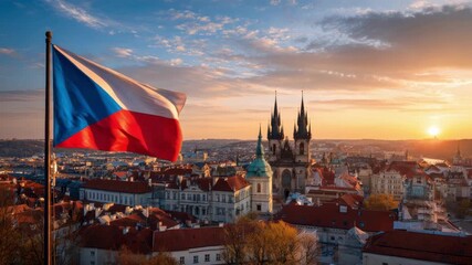 The Czech Republic flag waves against a scenic sunset backdrop over Prague, celebrating Independence and Flag Day.