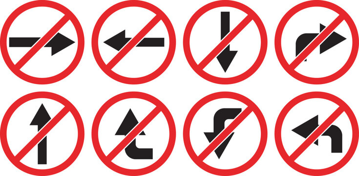 Essential road safety signs prohibiting various turns with clear and concise symbols for transportation design