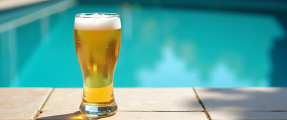 Frosty Pilsner Glass on Pool Deck: Refreshing Summer Drink with Turquoise Water Reflections and Empty Space for Text