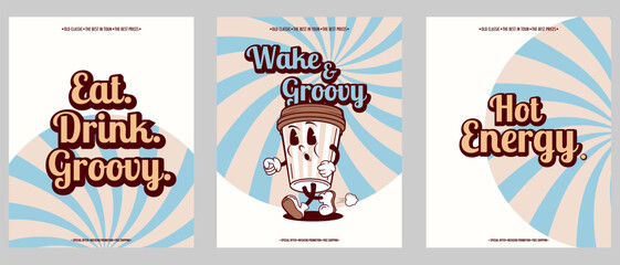 groovy retro coffee poster set, vintage psychedelic drink posters, retro 70s typography poster collection, colourful groovy coffee and energy drink design