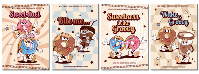 Colorful retro posters with cartoon illustrations of two cute donut characters with coffee and cola, covered in pink and blue icing, holding hands with a bow, surrounded by playful decorative elements