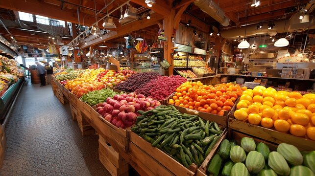 Colorful fresh fruits vegetables display on wooden crates in grocery store, shoppers in background, bright lighting wide angle product photography