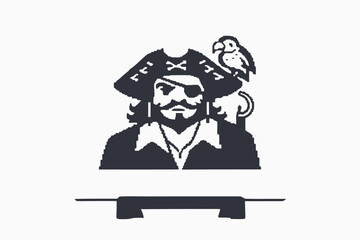 Pixelated Pirate Character with Parrot on Shoulder on White Background