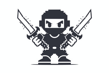 Pixelated Ninja with Swords on White Background Retro 8Bit Game Icon