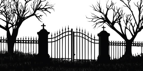 Graveyard gate with dead trees and fence isolated on a transparent background silhouette