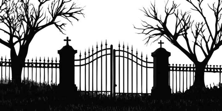 Graveyard gate with dead trees and fence isolated on a transparent background silhouette