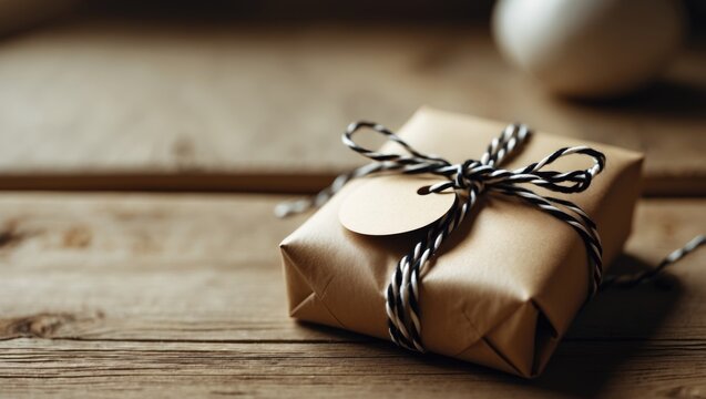 A gift wrapped in brown paper with a black and white string bow on a wooden surface.
