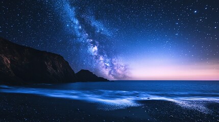 Naklejka premium Night ocean with countless stars above soft glow reflex