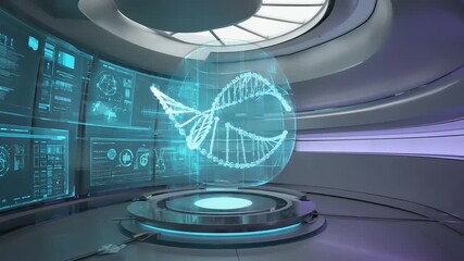 A futuristic laboratory features a DNA strand projection with surrounding data screens - Powered by Adobe